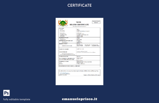 certificato di morte del Niger in stile verificato modello Word e PDF